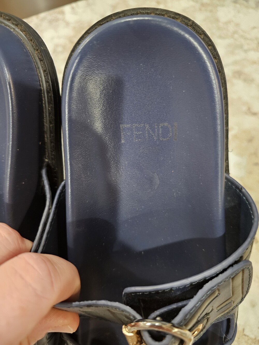 Fendi Navy and Black FF Logo Slide Sandals with Gold/Silver Buckles - Picture 2 of 9